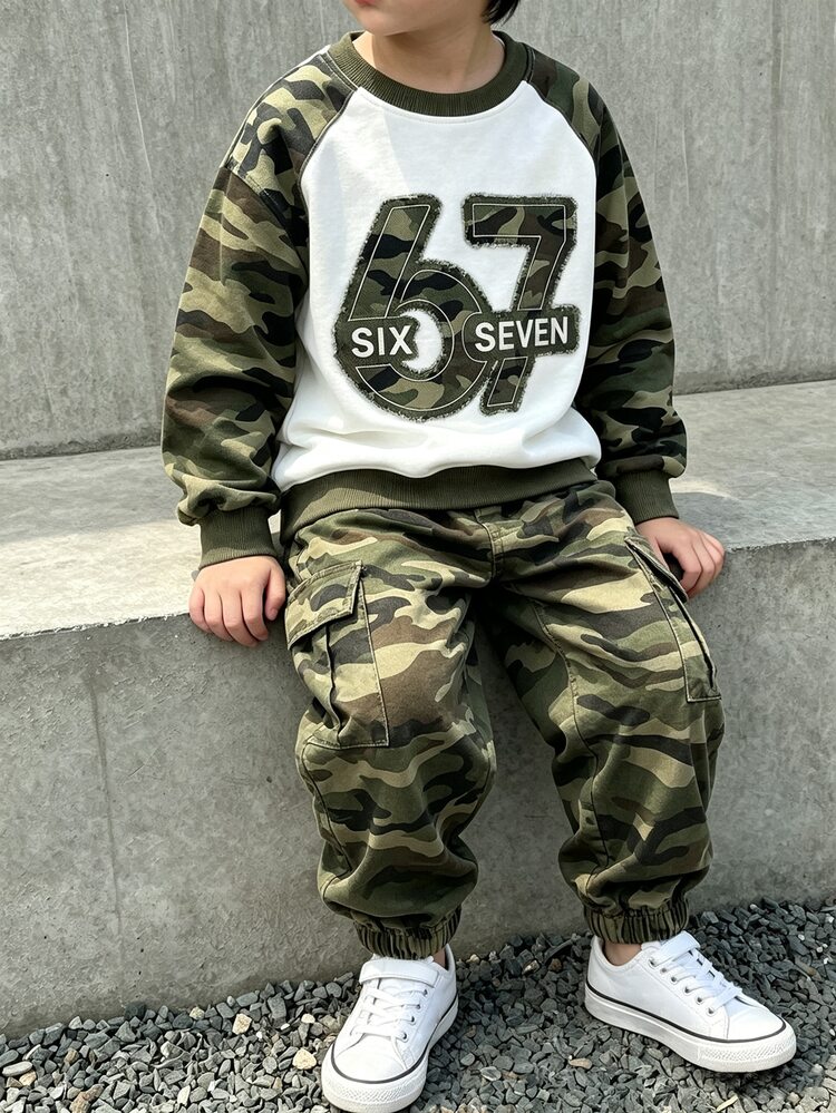 2pcs Young Boy Crew Neck Sweatshirt Top & Camouflage Cargo Pants Set, Digital 67 Camo Print Outfit, Long Sleeve Streetwear Style, Suitable For Holiday Parties, Comfortable And Casual, Spring Summer Autumn Wear, Soft And Easy To Wear, Boys' First Choice For Fashionable Casual Outfits - Army Green - View 3