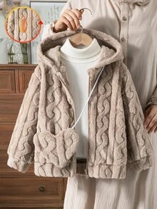 Elladie kids YOUNG GIRLS 棕色粗針織抓絨拉鍊連帽外套夾克，附毛絨斜背小包 2 件套長袖上衣，秋季服飾，毛絨加厚 - 卡其色 - 查看 4