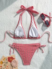 Swim Basics 女款紋理格紋掛脖綁帶性感比基尼兩件式泳衣套裝 - 紅色 - 查看 3