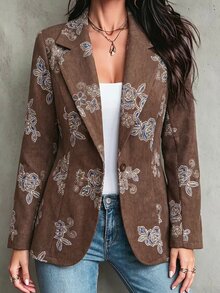 Linhara CURVE Plus Size Women's Floral Print Casual Commute Blazer - Brown - View 3