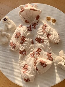 SHEIN 中性新生兒嬰兒男/女童、幼兒秋冬保暖內裡加厚可愛熊造型連帽連身衣、嬰兒冬季連身衣、雪衣、吊帶褲 - 杏色 - 查看 4