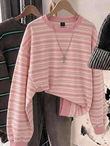 SHEIN EZwear 女款休閒圓領寬鬆條紋運動衫，秋冬女裝 - 彩色 - 查看 7