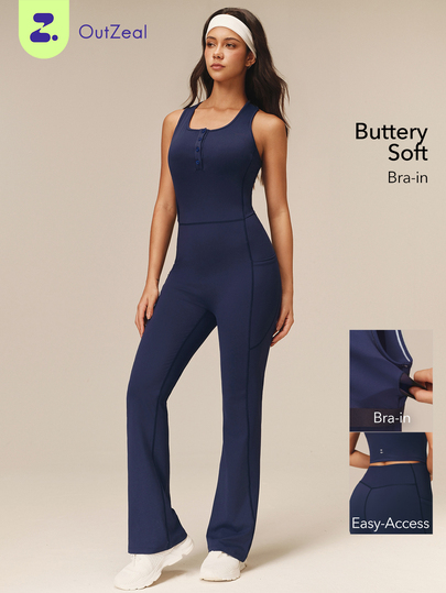 OutZeal Jumpsuit Wanita Terusan untuk Aktivitas Luar Ruangan, Gym, Yoga, dan Olahraga, Dilengkapi Bra dengan Bukaan Tersembunyi yang Mudah Diakses dan Potongan Kaki Melebar.