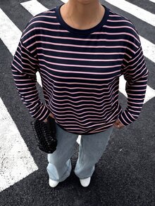 Muchica 女款寬鬆黑色條紋露背綁帶長袖T恤，適合穿搭、返校季、街頭風露背上衣 - 黑與白 - 查看 3