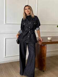 DAZY Women's Knot Waist Long Sleeve Top And Long Pants Casual Daily Denim Set Fall - Dark Wash - View 6