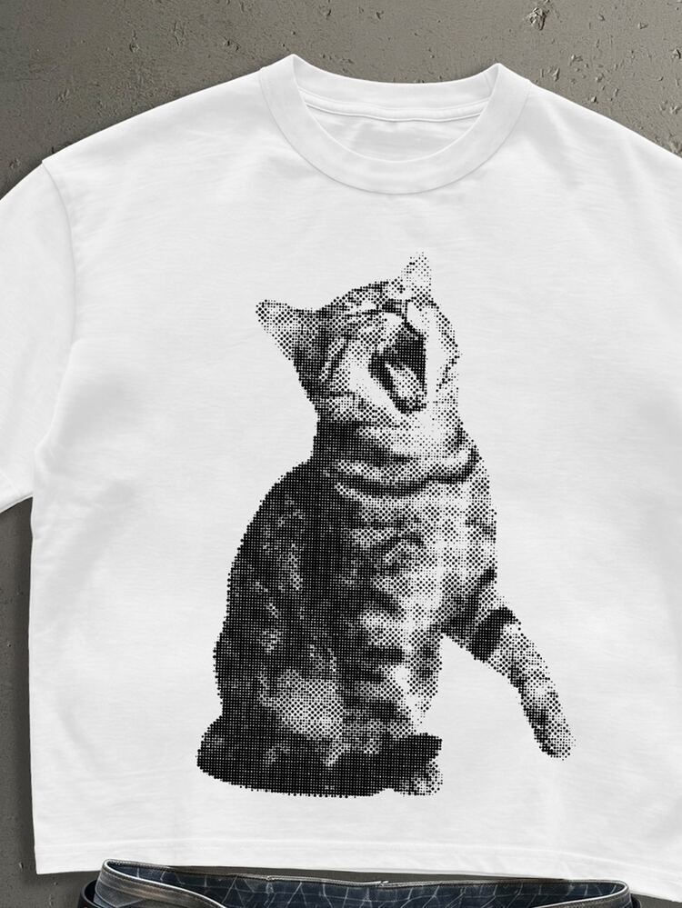 StoneGrade Kaos Lengan Pendek Pria Ukuran Standar Warna Putih dengan Motif Meme Kucing Lucu dan Tekstur Halftone American Vintage. - Putih - View 2