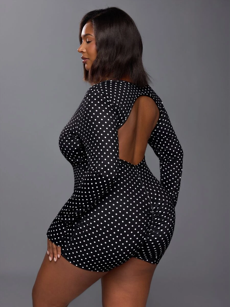 Voyena Women's Plus Size Polka Dot Print Long Sleeve Athletic Romper Fall - Black - View 1
