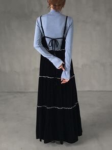 FRIFUL Gaun Pesta Kasual Wanita dengan Motif Blok Warna dan Tali Bahu Tipis - Hitam - View 6