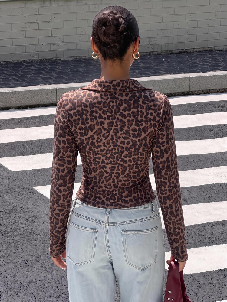 Muchica Kaos Polo Lengan Panjang Wanita Model Preppy Vintage Musim Gugur Terbaru dengan Motif Leopard dan Warna Kontras, Pinggang Berkerut, Gaya Musim Gugur/Dingin, Cocok untuk Perjalanan Sehari-hari, Kencan, Berkumpul, Musim Gugur/Dingin, Musim Panas, Pesta, Pernikahan, Pantai, Upacara Wisuda dan Acara Lainnya, Kasual Elegan, Cocok untuk Jalan-jalan, Gaya Y2K, Festival Musik - Putih - View 2