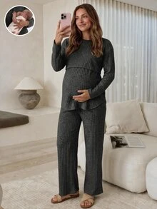 Slowluna 孕婦純色圓領長袖T恤與長褲休閒哺乳兩件套 - 深灰色 - 查看 3