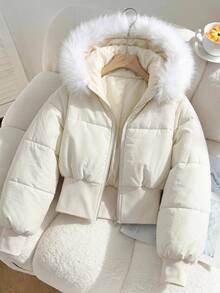 SHEIN Teen Girl Minimalist Thermal Lined Thick High Waist Hooded Solid Color Fur Collar Jacket, Autumn/Winter/All Season Wear - Beige - View 2