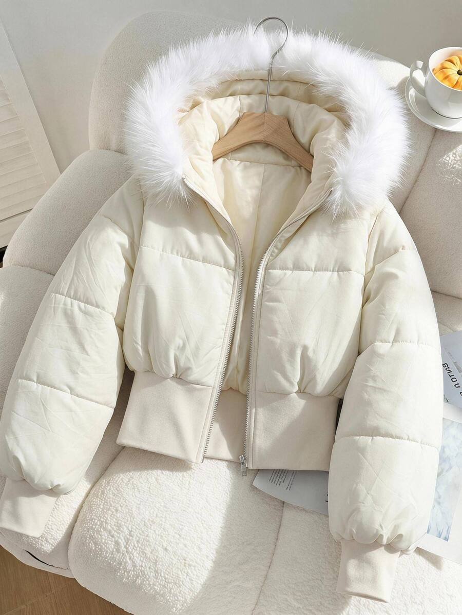 SHEIN Teen Girl Minimalist Thermal Lined Thick High Waist Hooded Solid Color Fur Collar Jacket, Autumn/Winter/All Season Wear