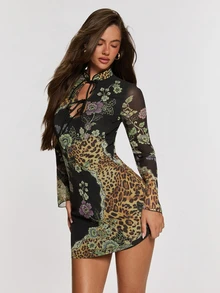 Opulessa Women's Floral Print Casual Summer Mini Dress - Black - View 4