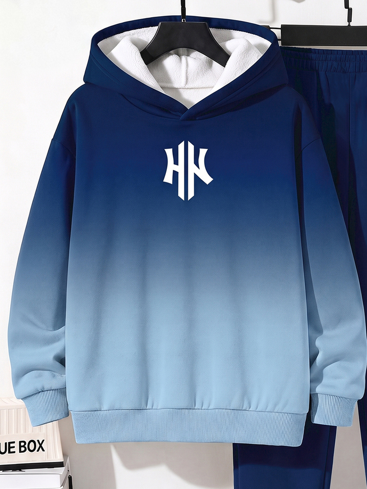 Tween Boy Casual Minimalist Long Sleeve Hooded Comfortable Sweatshirt 2 Pieces Set, Suitable For Autumn/Winter, Classic Cool Gradient Pattern Print, Cool Exquisite Logo Pattern Print - Multicolor - View 5
