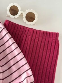 SHEIN Baby Girl Baby Girl Knitted Striped Pattern 3D Flower Round Neck Long Sleeve Pullover Sweatshirt & Long Pants 2 Pieces Set, Suitable For Autumn/Winter, Inner Wear, All-Match Casual, Versatile Fashion - Multicolor - View 5