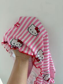 ZzzCrew HELLO KITTY AND FRIENDS | SHEIN Women's Lace Patchwork Bow Decor Top And Cartoon Striped Print Long Pants Pajama Set - Multicolor - View 7