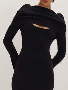 MUSEYN Black Soft Long Sleeve Cape Overlay Maxi Dress Versatile Everyday Casual Chic New Season Fall - Black - View 4