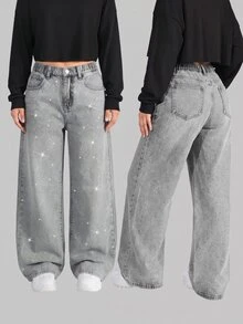 SHEIN 青少年女孩亮面水鑽淺灰色寬鬆牛仔褲 - 灰色 - 查看 3