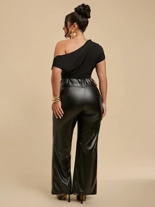 SHEIN BAE CURVE Plus Size Women's Black PU Long Pants - Black - View 5