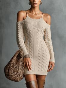 SHEIN Gaun Mini Rajut Kabel Bahu Terbuka Wanita, Sweater Bodycon Lengan Panjang Berlubang dengan Tali Spaghetti Dr - Krem - View 8