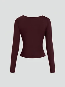 Sweetra Women's Lace Trim V-Neck Long Sleeve Solid Color T-Shirt And Flared Pants, Autumn Outfit, 2 Pieces Set - Burgundy - View 8
