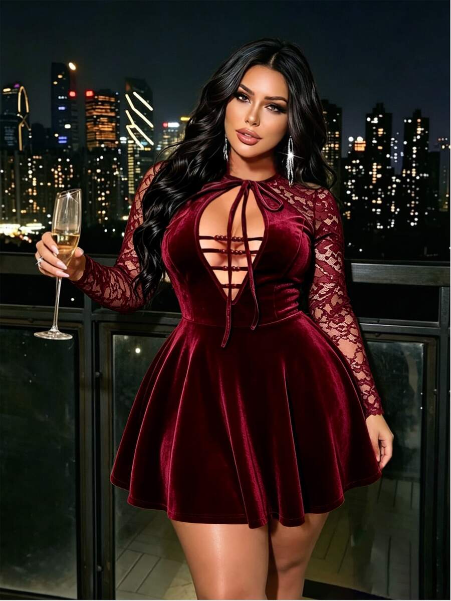NU&NOW Women's Burgundy Velvet Lace Long Sleeve Hollow Chest Tie Front A-Line Party Short Dress - Burgundy - View 1