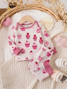 SHEIN 新生兒蛋糕印花長袖上衣與長褲居家休閒套裝 - 粉色 - 查看 3