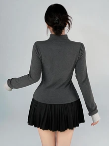 DAZY Women's Autumn/Winter Korean Style Dark Gray Half-Zip Turn-Down Collar Slim Fit Contrast Line Decor Fitness Outdoor Running Polo Shirt Casual Sports T-Shirt - Dark Grey - View 2