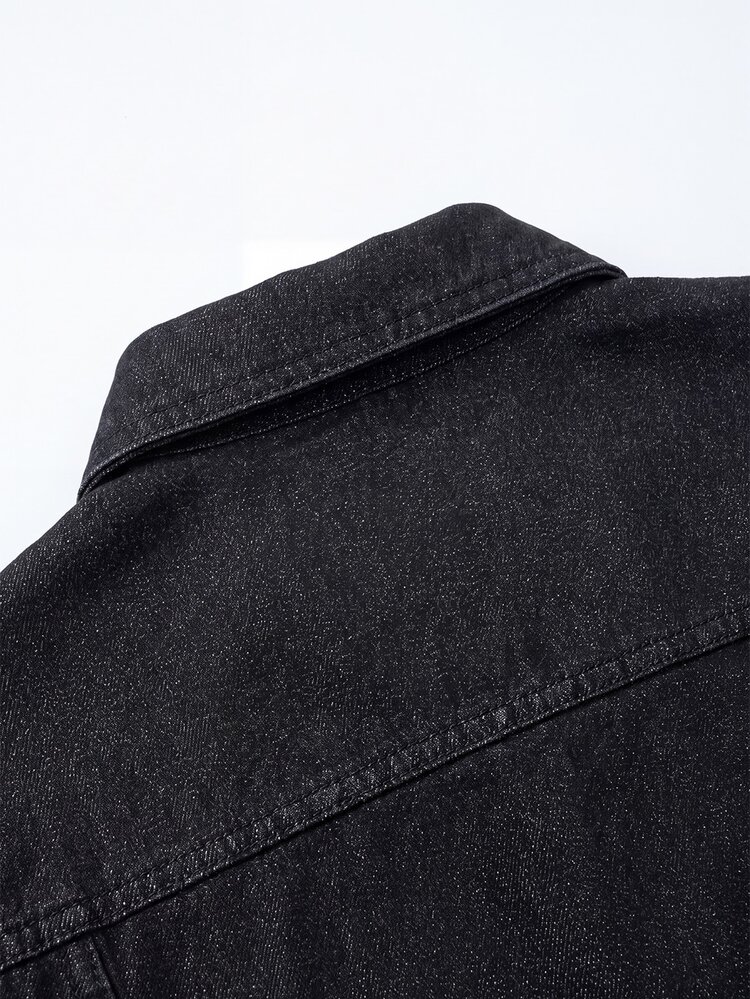 Colvenic Men's Letter Patch Long Sleeve Single-Breasted Casual Loose Denim Jacket - Black - View 7