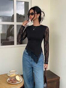 SHEIN Frenchy 女款蕾絲拼接性感約會長袖T恤，秋冬優雅正式奢華商務時尚基礎款，聖誕返校節慶適用 - 黑色 - 查看 6