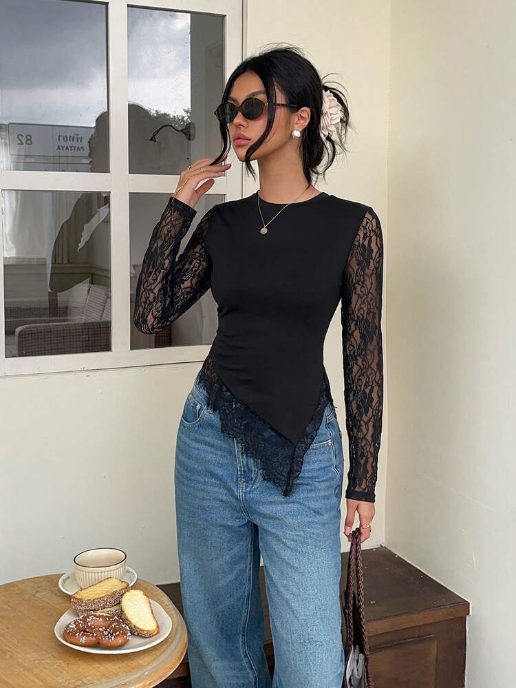 SHEIN Frenchy Kaos Lengan Panjang Wanita Motif Renda Patchwork Seksi untuk Kencan, Musim Gugur/Musim Dingin Elegan Formal Mewah Bisnis Chic Dasar Natal Kembali ke Sekolah Festival - Hitam - View 6