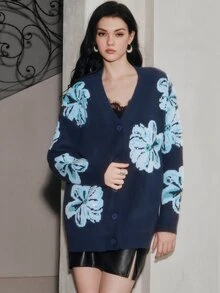 Anewsta Elegant Romantic Long Sleeve Fashionable Commuter Floral Rhinestone Studded Women's Open Front Blouse - Blue - View 3