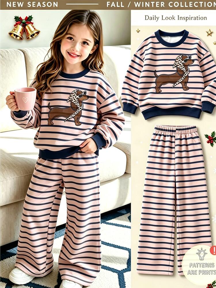 Girls' Autumn/Winter Polka Dot Dachshund Print Sweatshirt Set, Vintage Brown Tone Cute Dachshund Pattern, Loose Round Neck Long Sleeve Sweatshirt Paired With Matching Striped Wide Leg Pants, Fashionable Two Pieces Set Suitable For Daily Outings Or Dog Walking, Practical And Versatile Autumn/Winter Children's Clothing, Combining Cute Styles For Halloween, Christmas And Back To School Season - Multicolor - View 1