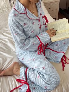 SHEIN Sweet Striped Pajamas Women Autumn New Long Sleeve Loose Fit Homewear 2 Pieces Set - Blue - View 6