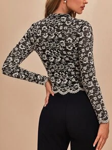 Amorya 女款法式優雅蕾絲長袖上衣，適合度假穿著 - 黑色 - 查看 2