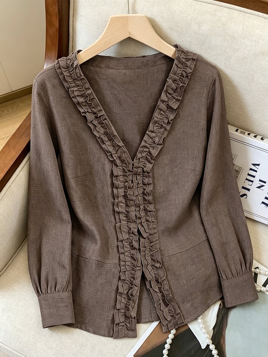 Franclia Women's Long Sleeve Ruffle V-Neck Blouse, Elegant Casual Commute Vacation Style - Coffee Brown - View 1