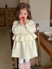 DAZY Infant/Toddler (Girls) Round Neck Ruffle Trim Solid Color Long Sleeve Sweater Dress, Autumn/Winter - Apricot - View 5