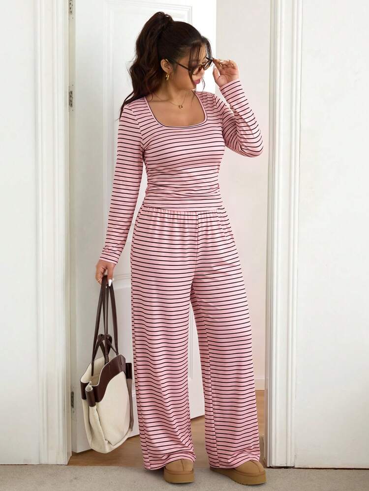 Lounesse Plus Size Women Striped Square Neck Long Sleeve T-Shirt And Wide Leg Pants Casual 2 Pieces Set - Pink - View 3