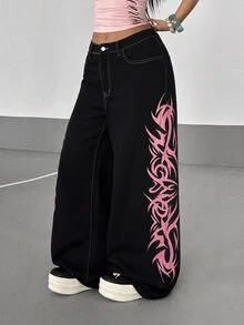 StreetHx Plus Size Letter Print Hip Hop Button Loose Fit Denim Jeans - Black - View 1