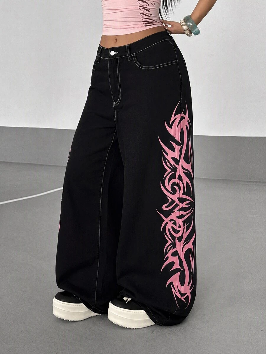 StreetHx Plus Size Letter Print Hip Hop Button Loose Fit Denim Jeans - Black - View 1