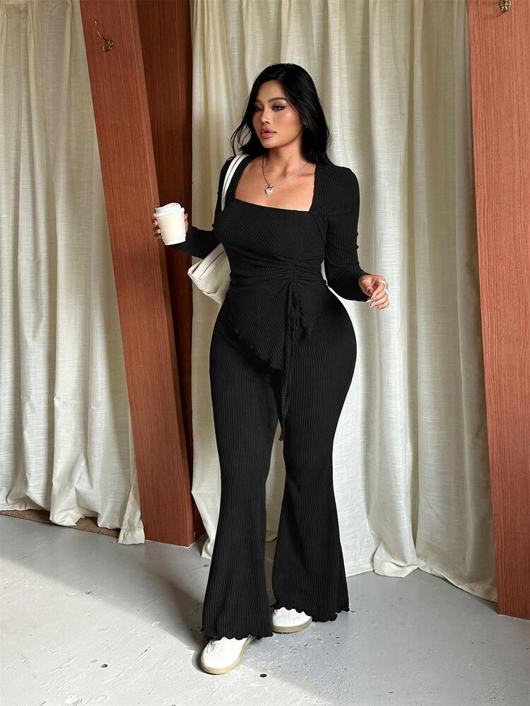 GalTyme Black Plus Size Women's Casual Asymmetrical Hem Tie-Front Top And Flared Pants Set, Autumn/Winter - Black - View 5