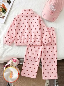 SHEIN 女童甜美粉色圓點半拉鍊運動衫與寬腿褲套裝，櫻桃厚抓絨內裡秋冬長袖上衣套裝 - 粉色 - 查看 3