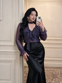 Vibekara Halter Neck Ribbon Sequin Blouse, Ruffle V-Neck Glitter Sheer Long Sleeve Party Top - Purple - View 3
