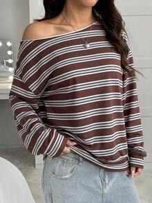 SHEIN EZwear 女款不對稱肩棕藍條紋運動衫，休閒極簡日常百搭，約會與外出穿搭，女款秋季服飾，秋季穿搭，女款通勤穿搭，百搭上衣，外出穿搭，機場穿搭 - 彩色 - 查看 4