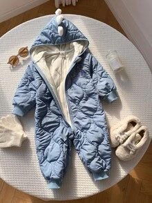 SHEIN 男女通用新生兒嬰兒/幼兒秋冬保暖內裡加厚可愛藍色恐龍連帽連身衣，男嬰冬季連身衣/吊帶褲/雪衣 - 藍色 - 查看 8