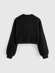 ROMWE Hippie Vintage Heart Portrait Star Moon Embroidered Loose Short Knit Cardigan Plus Size Women Fall Winter Sweater - Black - View 3