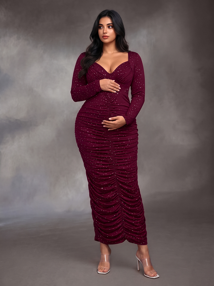 Cheriluna Maternity 大尺碼孕婦優雅派對洋裝，長袖鑽石領口附胸杯設計，修身抓皺酒紅色洋裝 - 酒紅色 - 查看 1