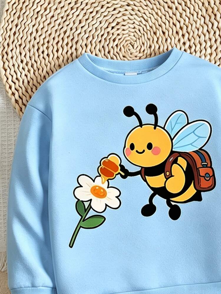 Young Girl Casual Cute Bee Pattern, Floral Pastoral, Light Blue, Round Neck Long Sleeve Sweatshirt & Leggings 2 Pieces Set, Suitable For Autumn/Winter, Graphic, Cozy, Girls Outfit Sets, Y2K, Vintage, Back To School, Kawaii - Multicolor - View 4