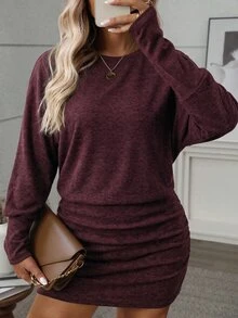 SHEIN LUNE Plus Size Women's Solid Color Casual Everyday Summer Dress Fall - Burgundy - View 1
