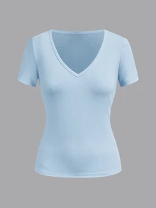 SHEIN EZwear 女款純色V領短袖休閒百搭T恤（3件組） - 彩色 - 查看 4